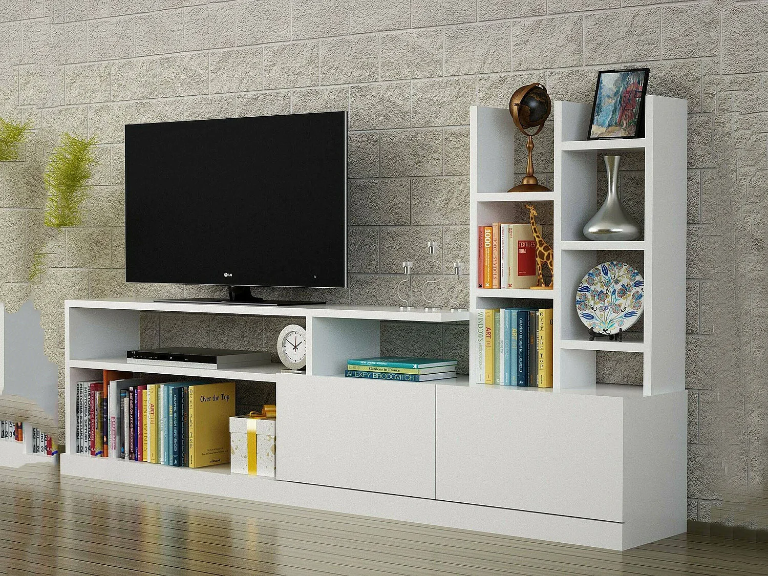 Meuble TV Alni, Buffet de salon, Armoire basse pour TV, Base murale de rangement, 164x25h91 cm, Blanc