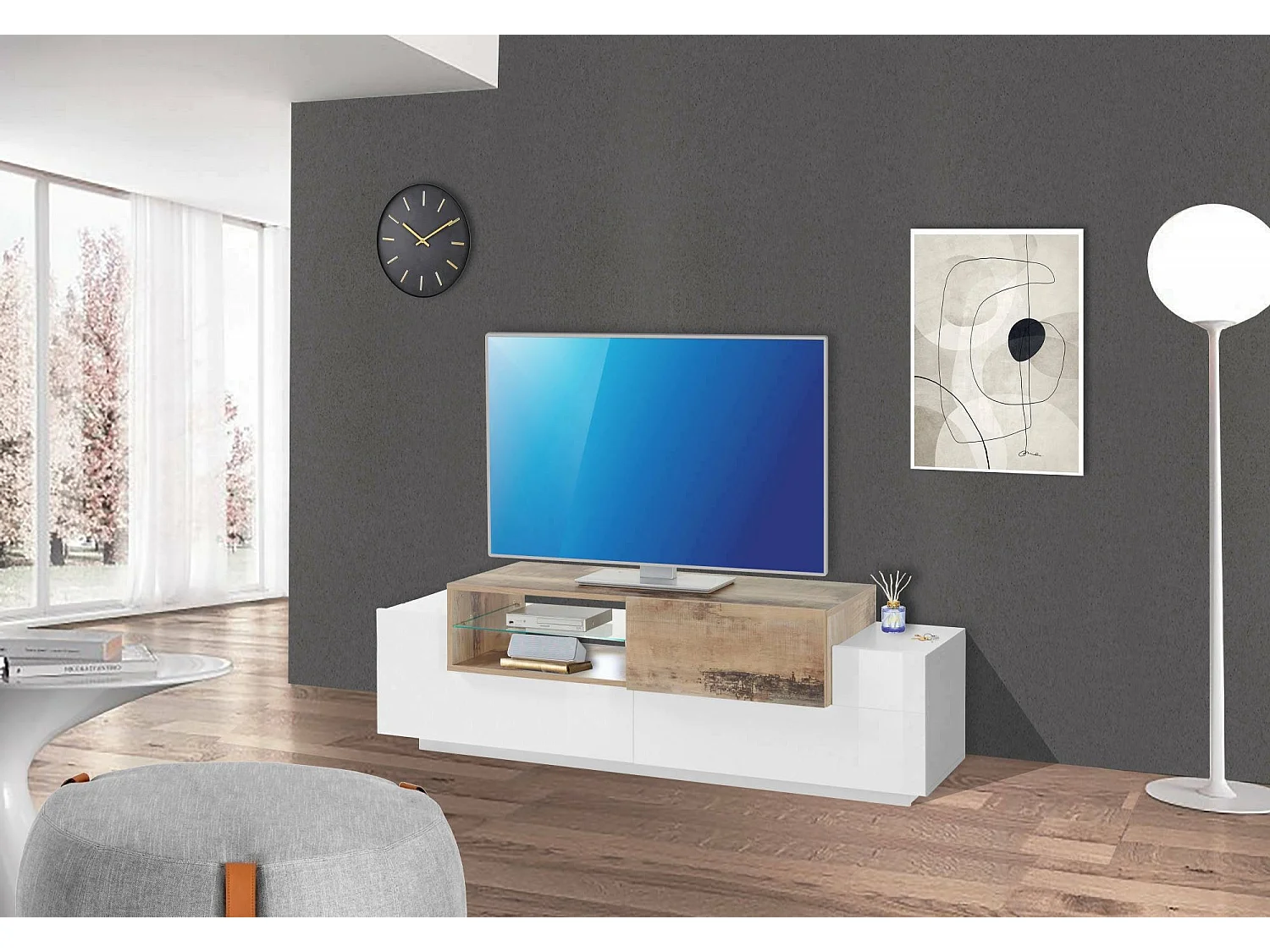 Dmora Tv-meubel Pablo 45x160x51 cm Wit Hoogglans 2 Planken 3 Vakken, 3 Deuren Made in Italy
