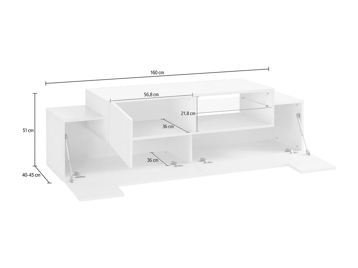 Dmora Tv-meubel Pablo 45x160x51 cm Wit Hoogglans 2 Planken 3 Vakken, 3 Deuren Made in Italy