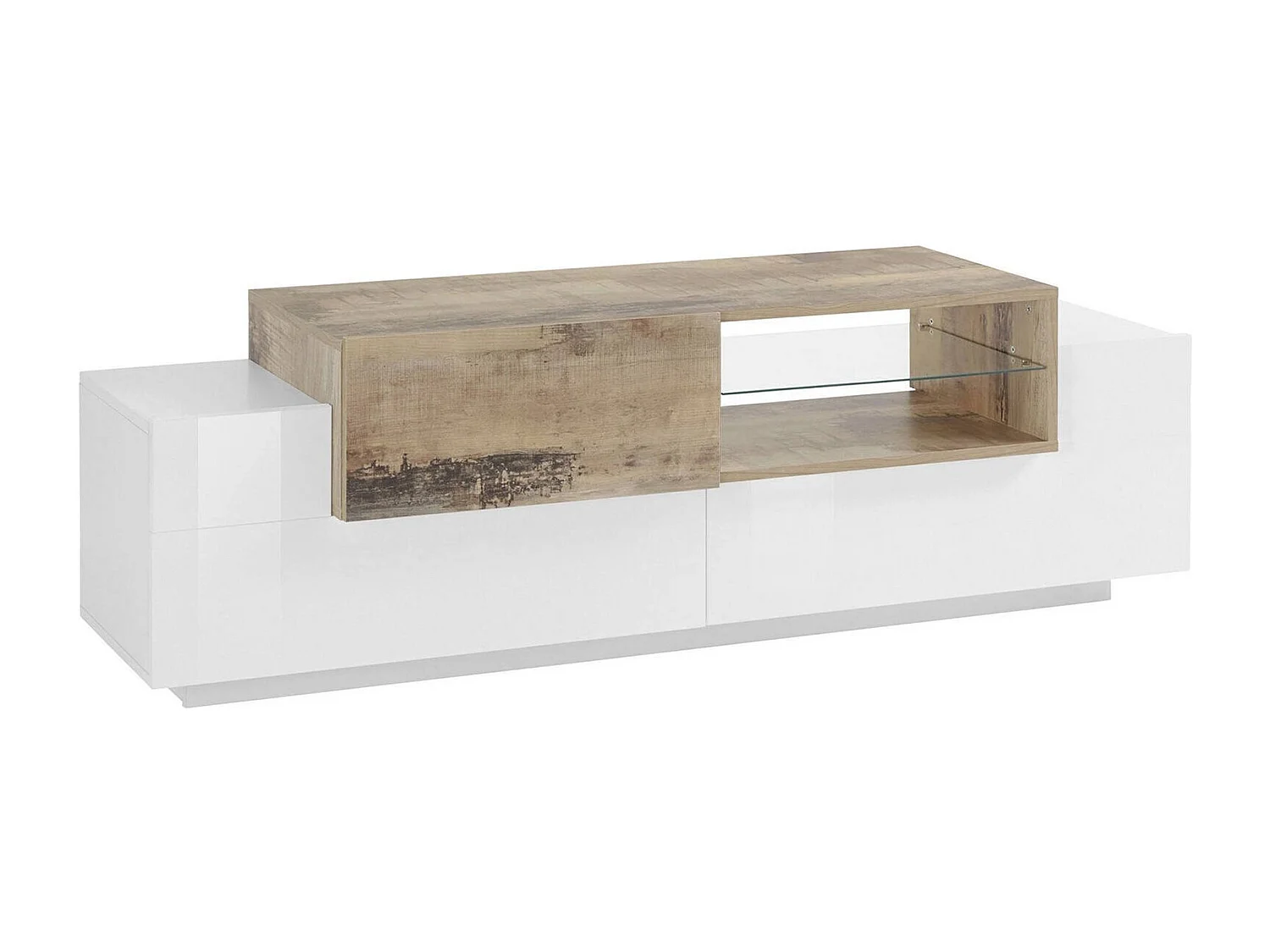 Meuble TV Pablo, Buffet bas de salon, Base pour meuble TV, 100% Made in Italy, 160x45h51 cm, Blanc brillant et Érable