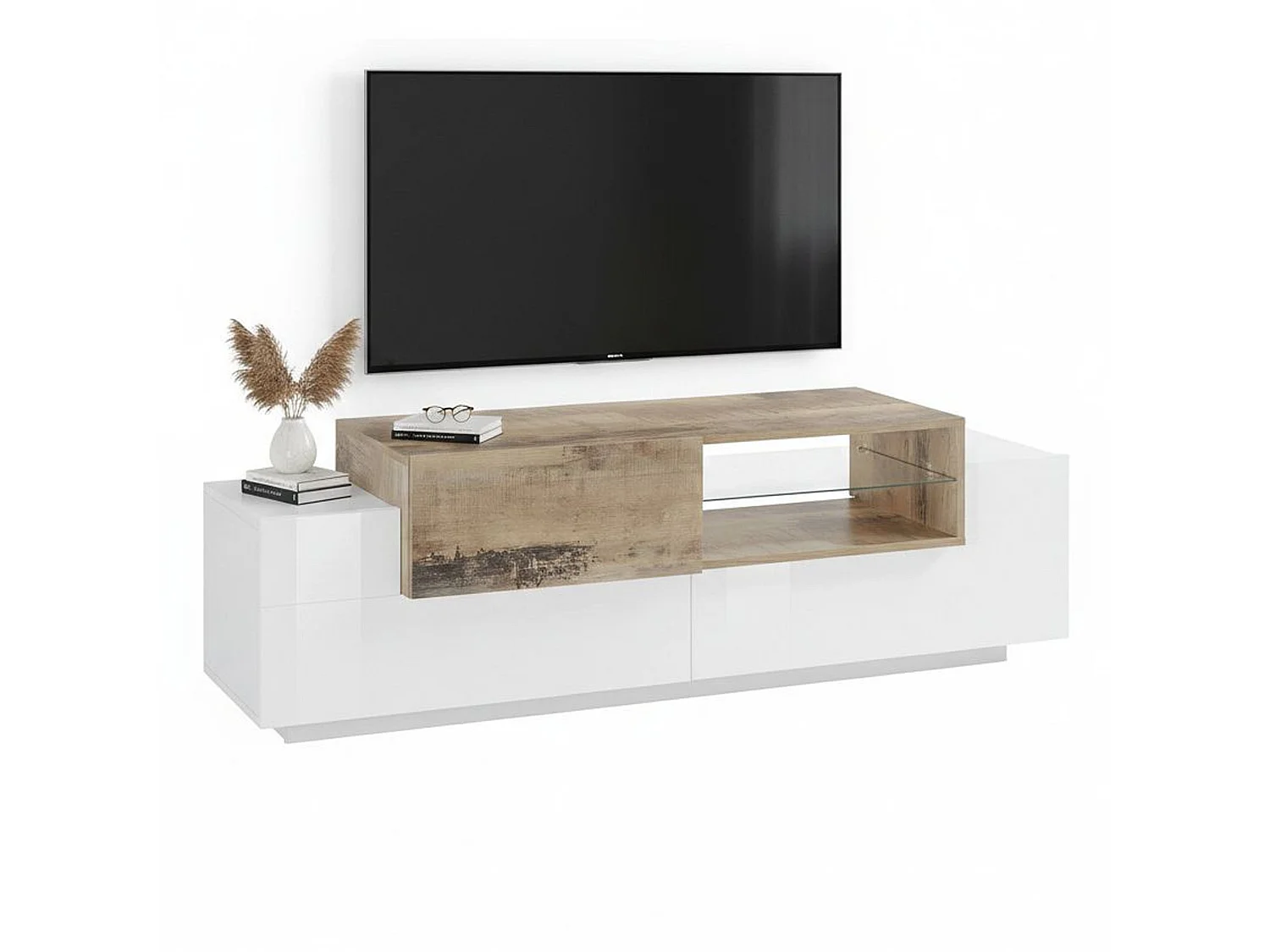 Dmora Tv-meubel Pablo 45x160x51 cm Wit Hoogglans 2 Planken 3 Vakken, 3 Deuren Made in Italy