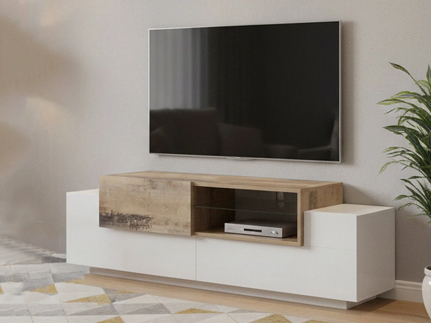 Dmora Tv-meubel Pablo 45x160x51 cm Wit Hoogglans 2 Planken 3 Vakken, 3 Deuren Made in Italy