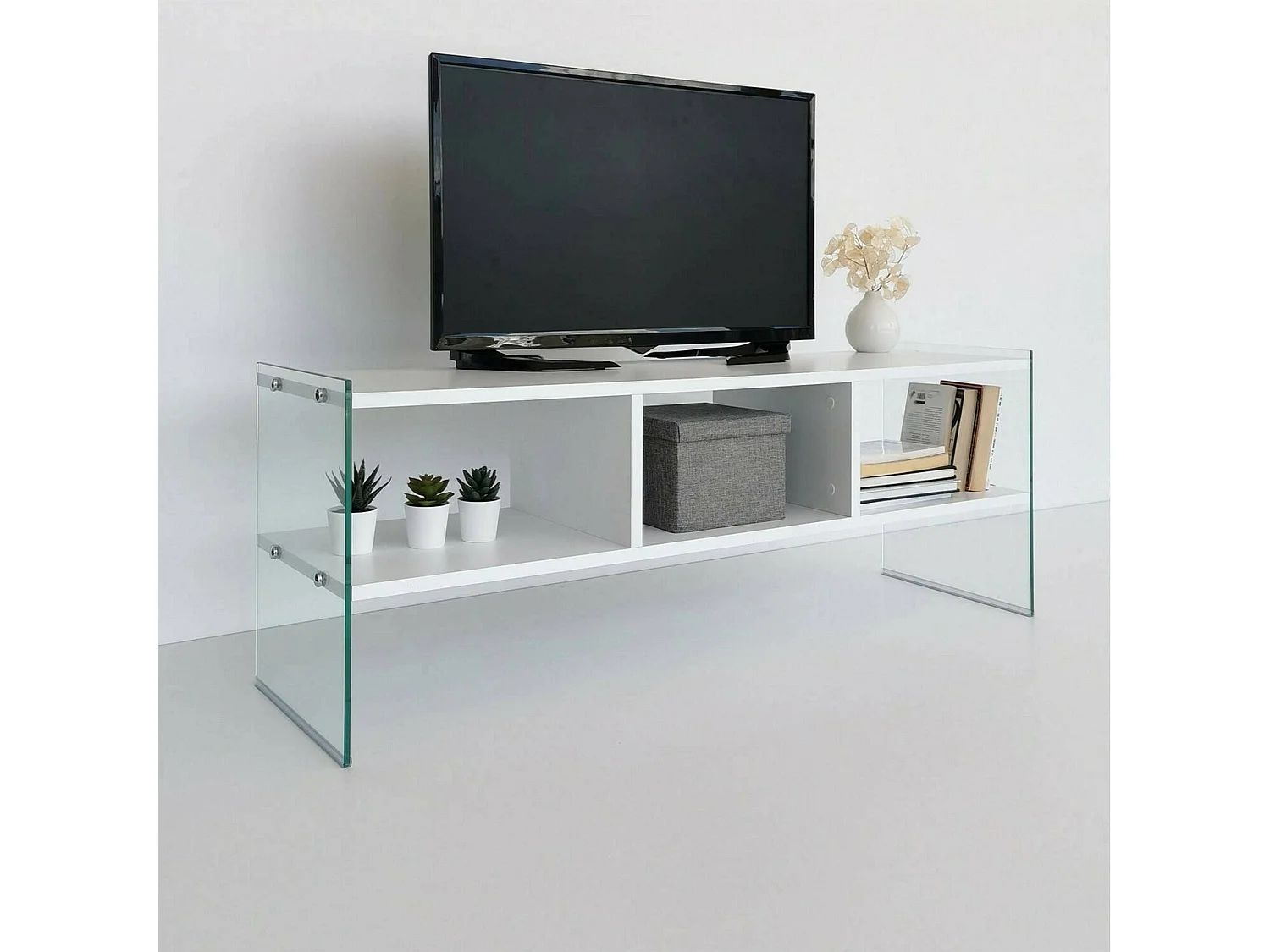 Dbennace tv-houder, woonkamer, laag tv-meubel, wandwand, 120x35h45 cm, Wit