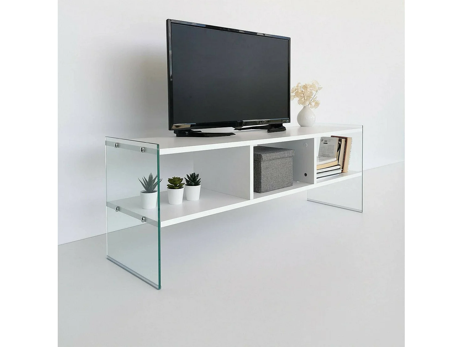 Dbennace tv-houder, woonkamer, laag tv-meubel, wandwand, 120x35h45 cm, Wit