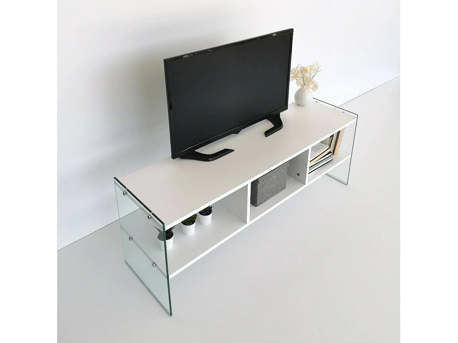 Dbennace tv-houder, woonkamer, laag tv-meubel, wandwand, 120x35h45 cm, Wit