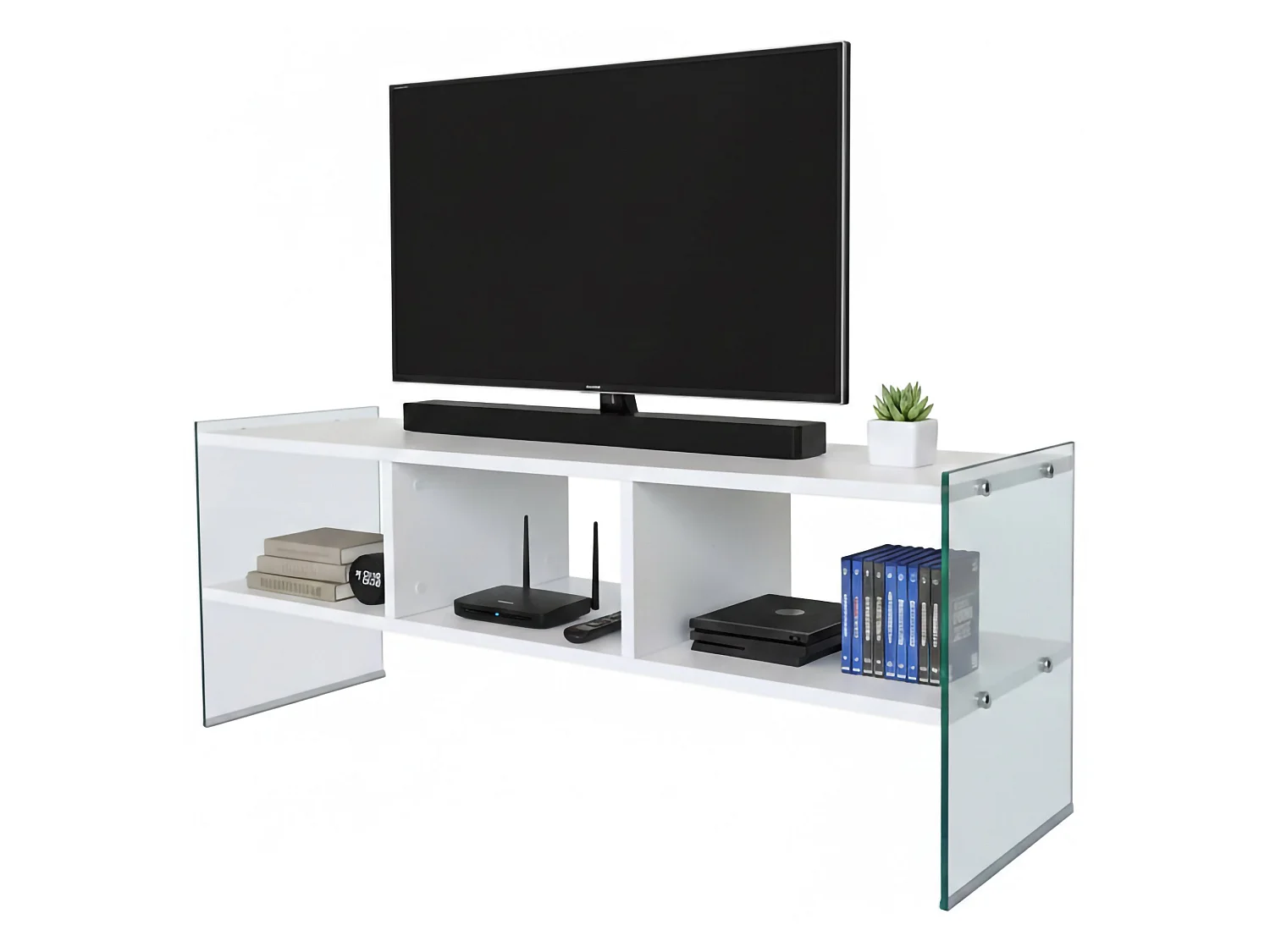 Dbennace tv-houder, woonkamer, laag tv-meubel, wandwand, 120x35h45 cm, Wit