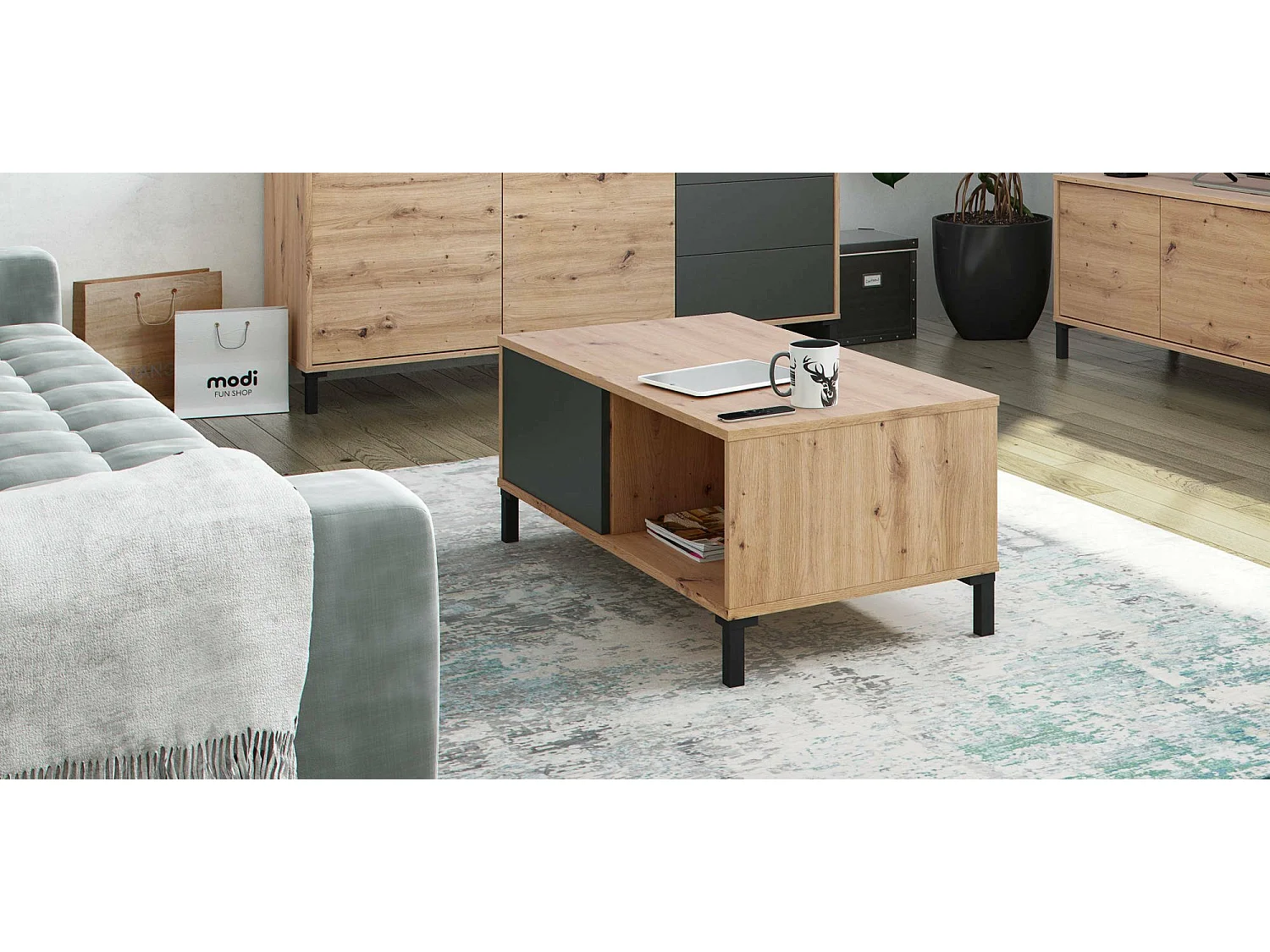 Table basse Evansville, Table basse, Table basse de salon, 100x50h40 cm, Chêne noué et Anthracite