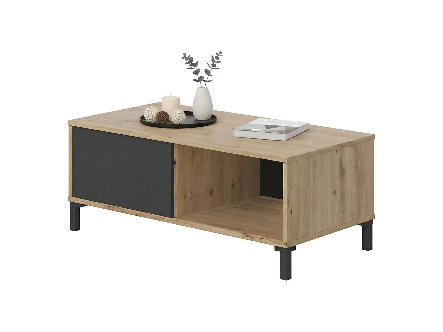 Dmora Salontafel Evansville 40x100x50h cm Antraciet Zwart Melamine Randen ABS Voetjes Waterdicht 2 Vakjes, Rechthoekig