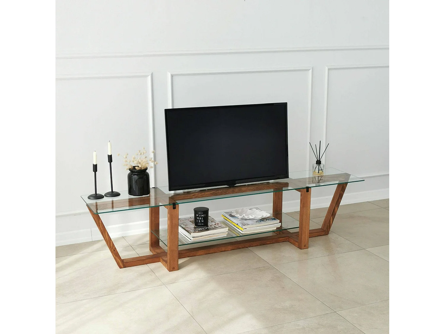 Meuble TV Icarus, Buffet de salon, Armoire basse pour TV, Base murale de rangement, 158x35h35 cm, Noyer