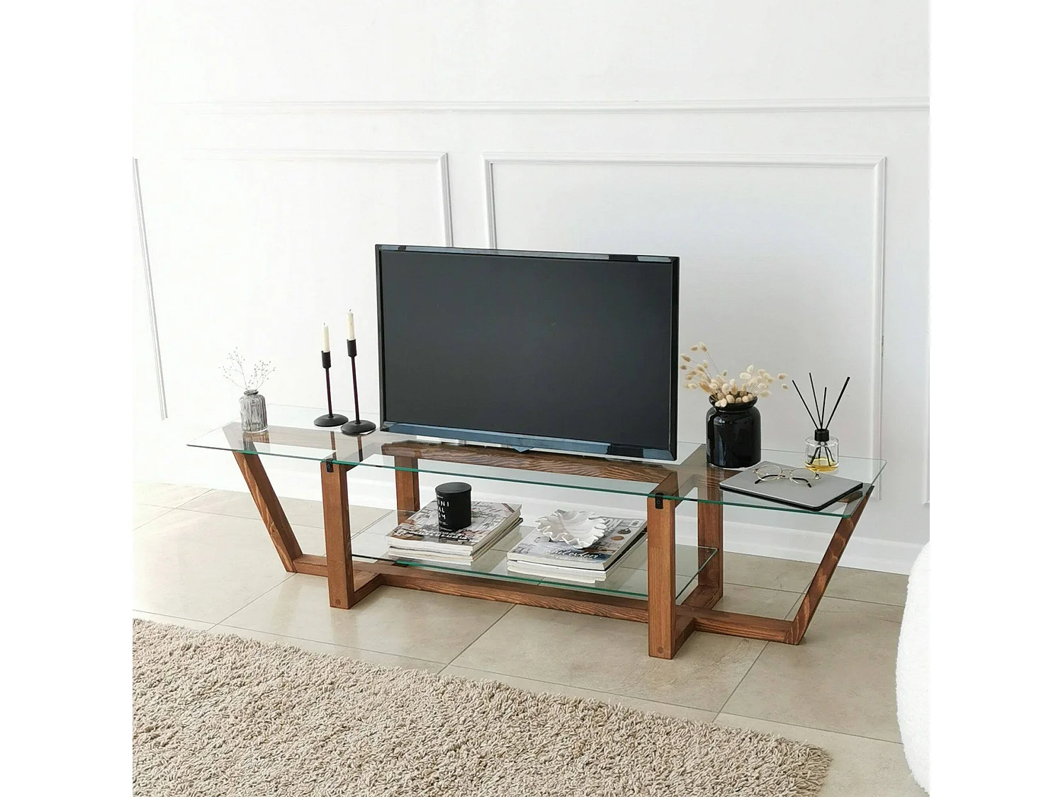 Meuble TV Icarus, Buffet de salon, Armoire basse pour TV, Base murale de rangement, 158x35h35 cm, Noyer