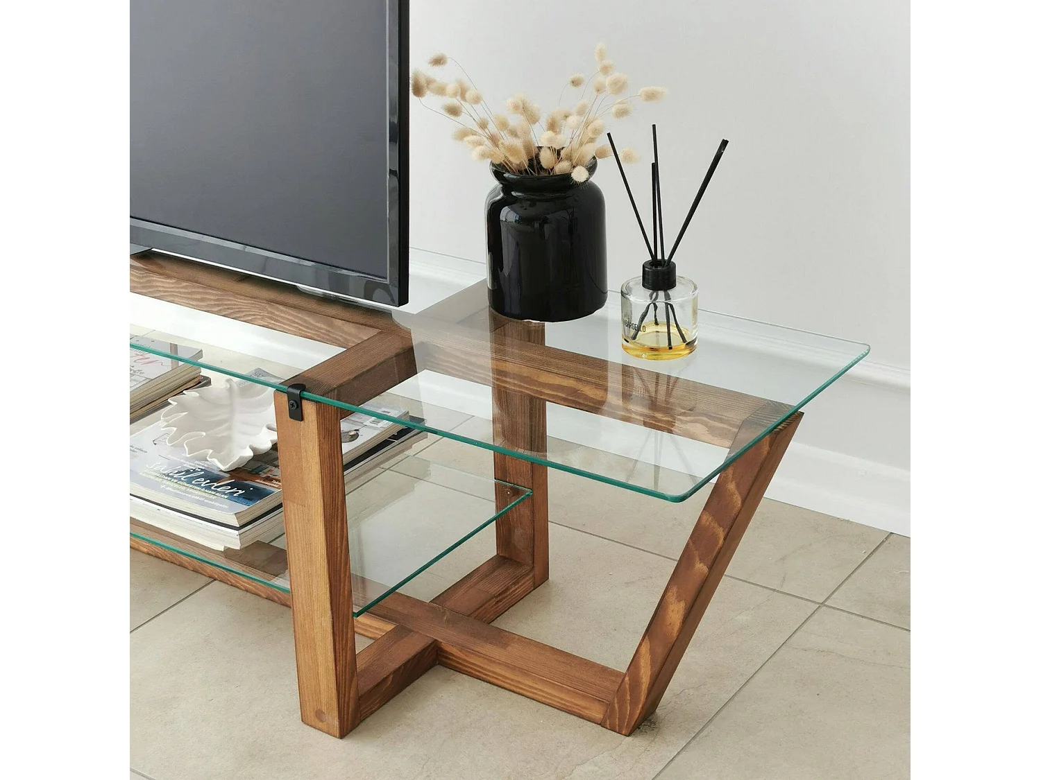 Meuble TV Icarus, Buffet de salon, Armoire basse pour TV, Base murale de rangement, 158x35h35 cm, Noyer