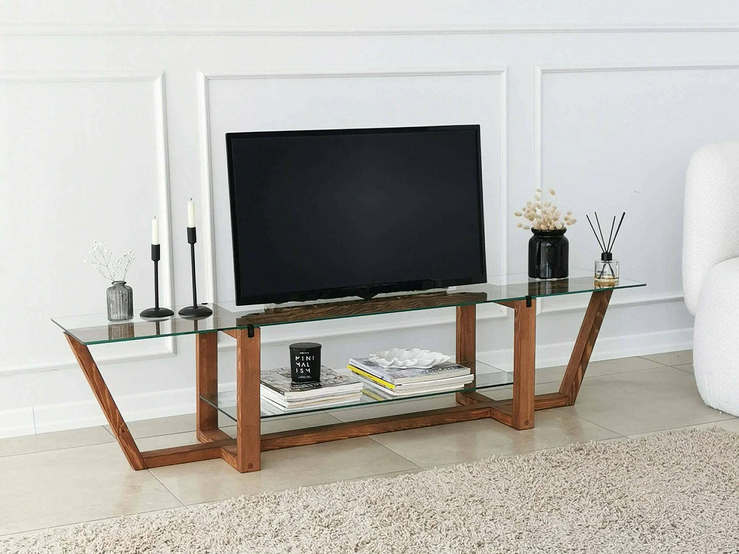 Meuble TV Icarus, Buffet de salon, Armoire basse pour TV, Base murale de rangement, 158x35h35 cm, Noyer
