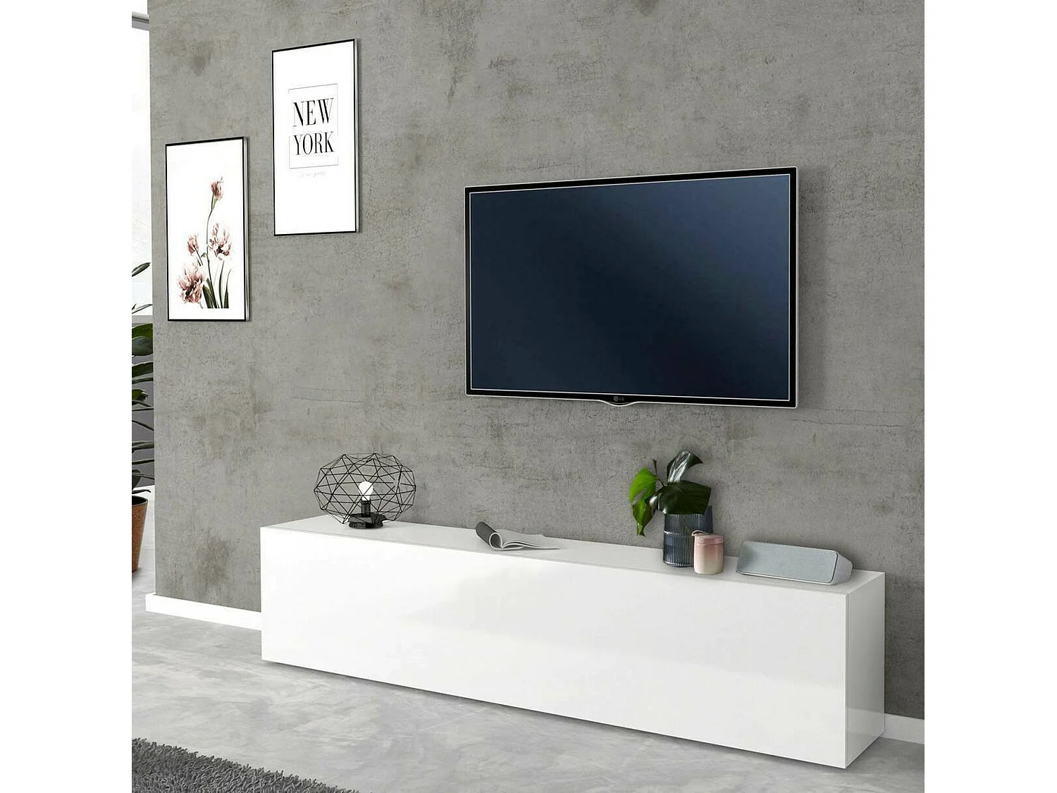 Fernsehschrank Dbarell, Niedriges Sideboard für Wohnzimmer, Sockel für TV-Möbel, 100 % Made in Italy, cm 180x30h40, weiÃŸ glänzend