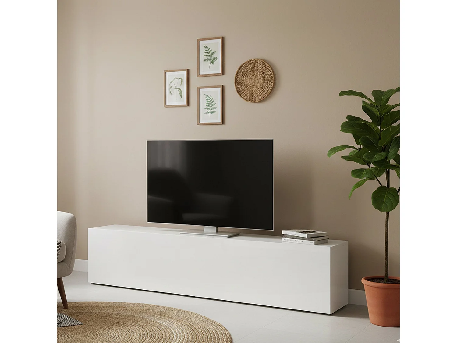Meuble TV Dbarell, Buffet bas de salon, Base pour meuble TV, 100% Made in Italy, 180x30h40 cm, Blanc brillant