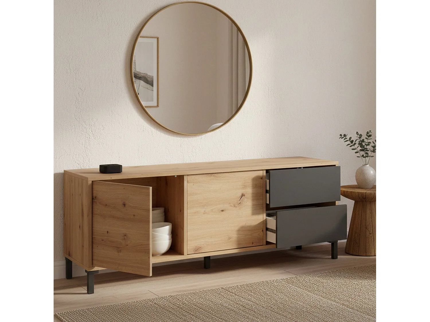 Anrichte Daca, Modernes Sideboard mit 2 Türen, Buffet im Wohnzimmer, Fernsehschrank, Sideboard mit FüÃŸen für Wohnzimmer, 130x41h47 cm, Asteiche und Anthrazit