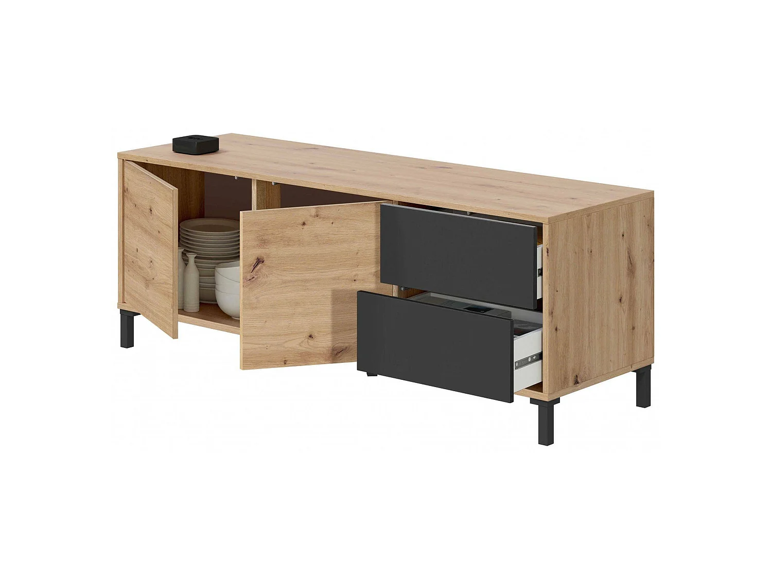 Buffet Daca, Buffet de salon, Meuble TV, Buffet avec pieds pour salon, Armoire moderne avec 2 portes, 130x41h47 cm, Chêne noué et Anthracite