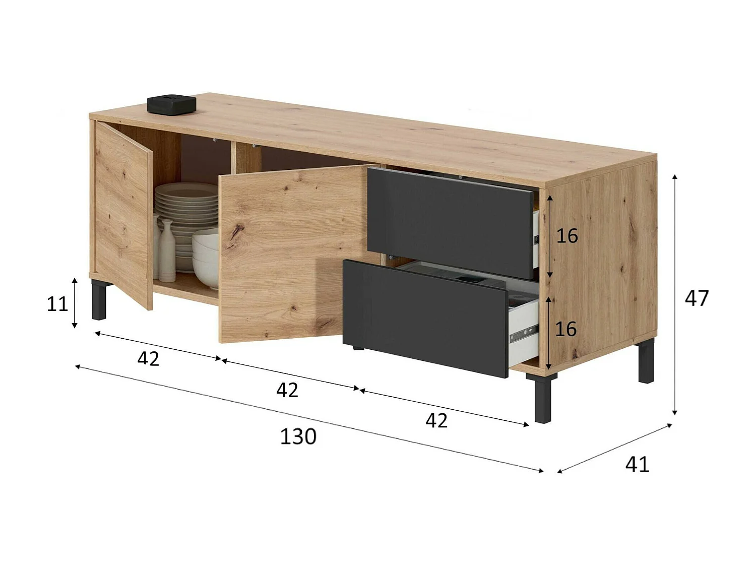 Buffet Daca, Buffet de salon, Meuble TV, Buffet avec pieds pour salon, Armoire moderne avec 2 portes, 130x41h47 cm, Chêne noué et Anthracite