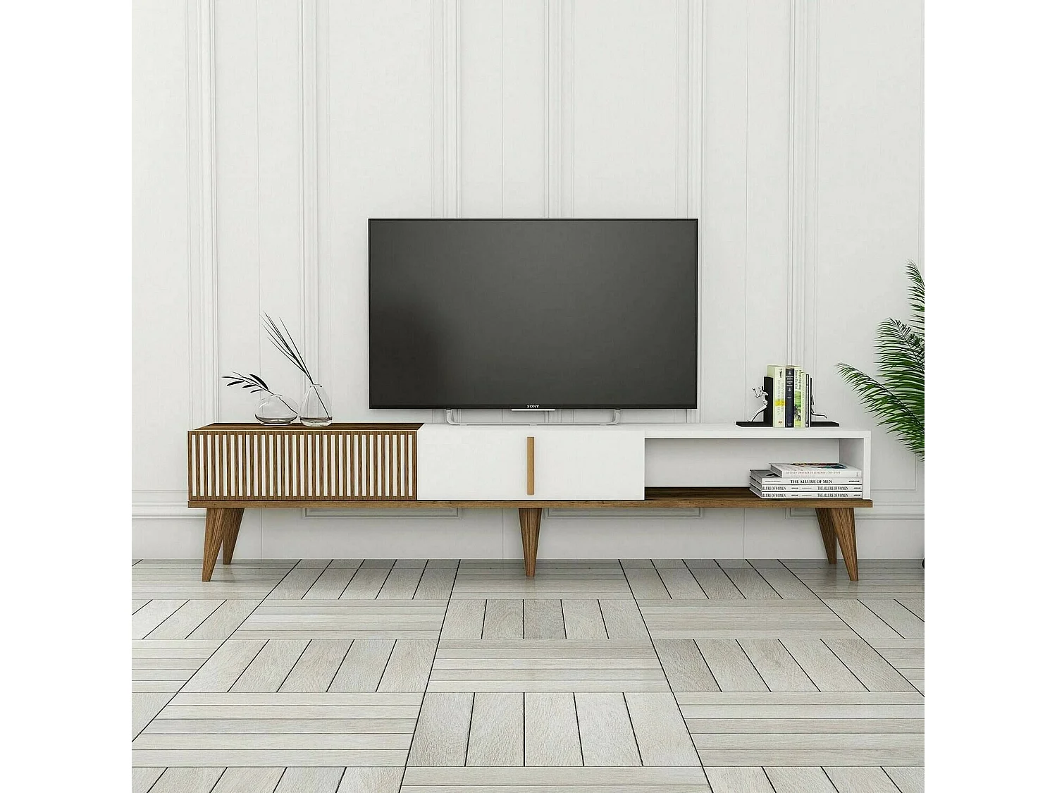 Meuble TV Aquila, Buffet de salon, Armoire basse pour TV, Base murale de rangement, 180x35h40 cm, Noyer et Blanc