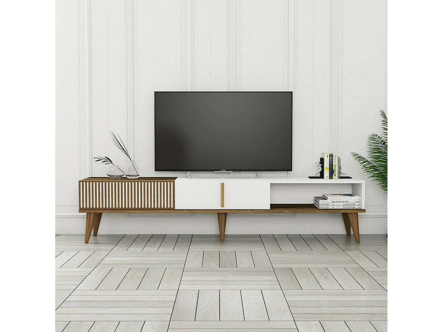 Fernsehschrank Dfirican, Ständer für Wohnzimmerfernseher, Niedriges Wohnzimmer-Sideboard, TV-Ständerbasis, 180x35h40 cm, Walnuss und WeiÃŸ