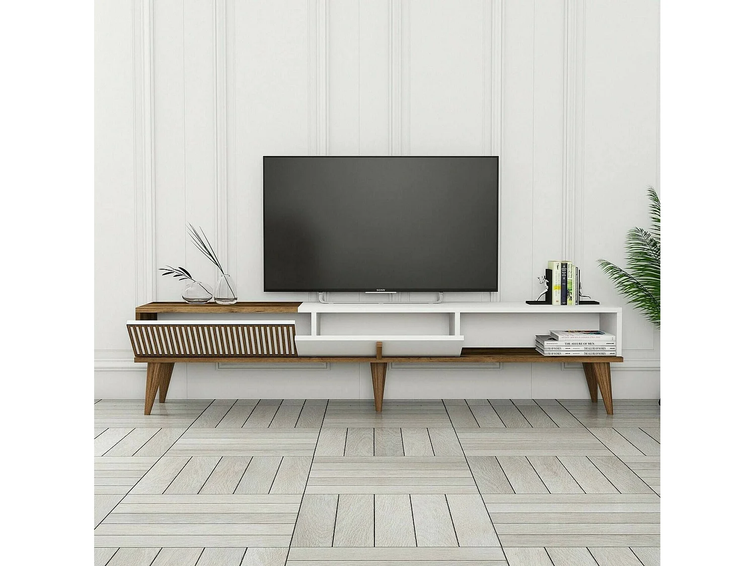 Fernsehschrank Dfirican, Ständer für Wohnzimmerfernseher, Niedriges Wohnzimmer-Sideboard, TV-Ständerbasis, 180x35h40 cm, Walnuss und WeiÃŸ