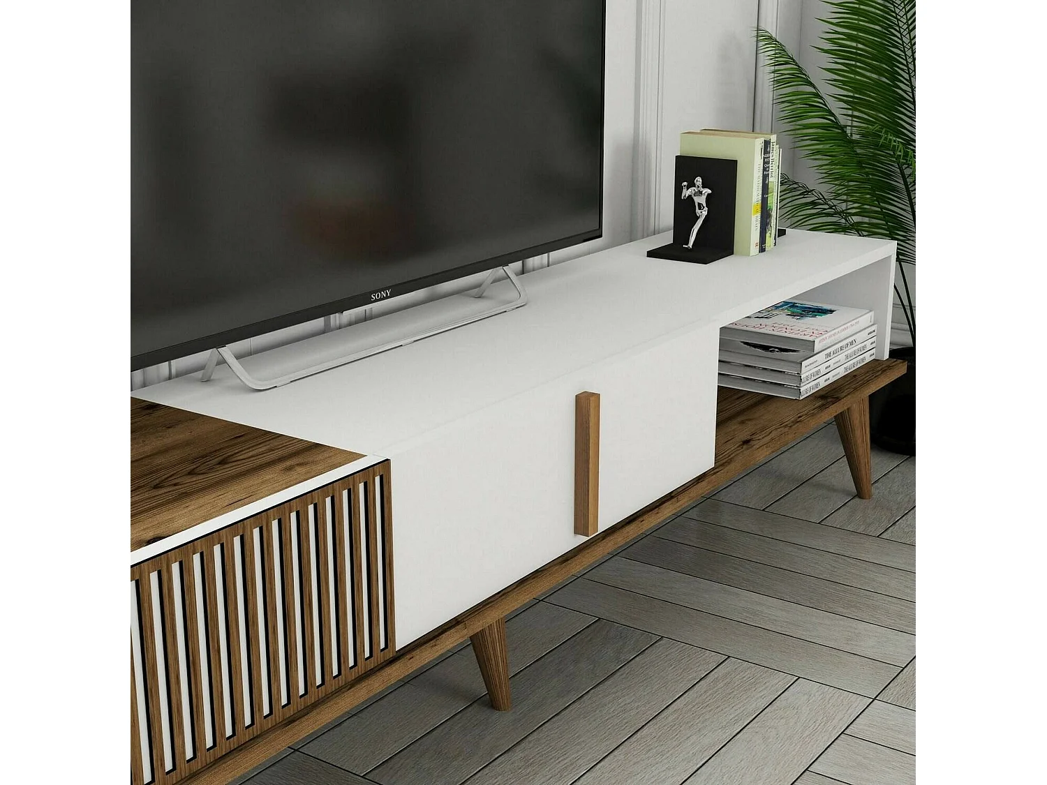 Fernsehschrank Dfirican, Ständer für Wohnzimmerfernseher, Niedriges Wohnzimmer-Sideboard, TV-Ständerbasis, 180x35h40 cm, Walnuss und WeiÃŸ