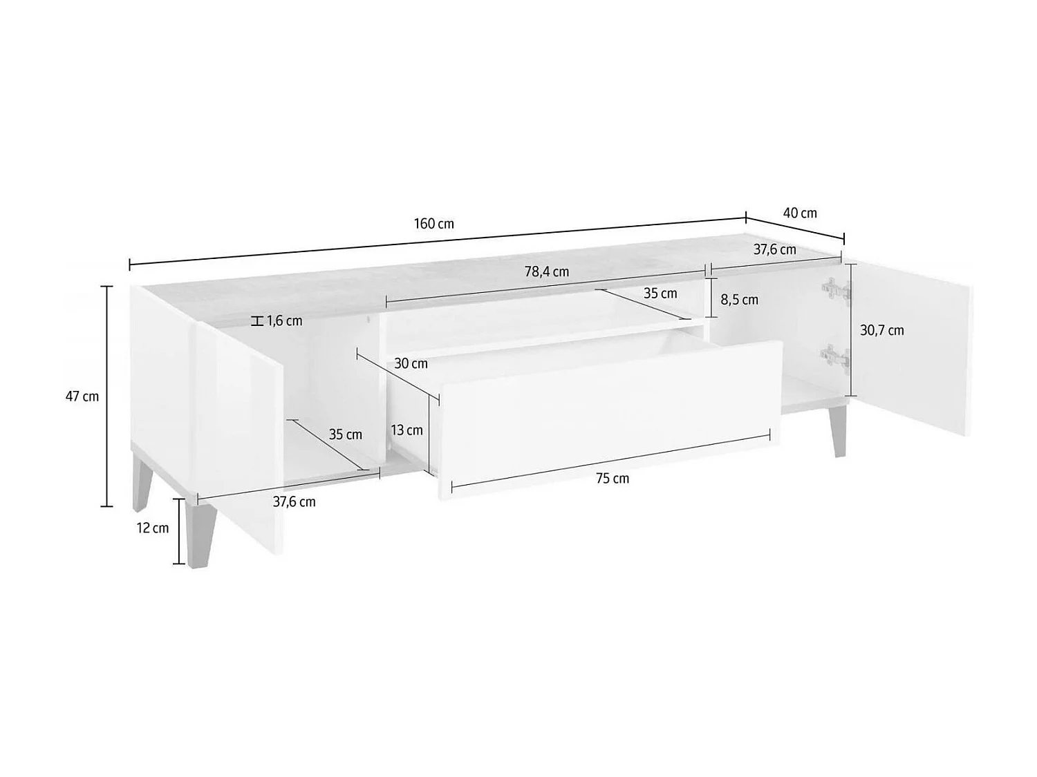 Meuble TV Dfigol, Buffet bas de salon avec 2 portes, Base pour meuble TV, 100% Made in Italy, 160x40h47 cm, Blanc brillant et ardoise