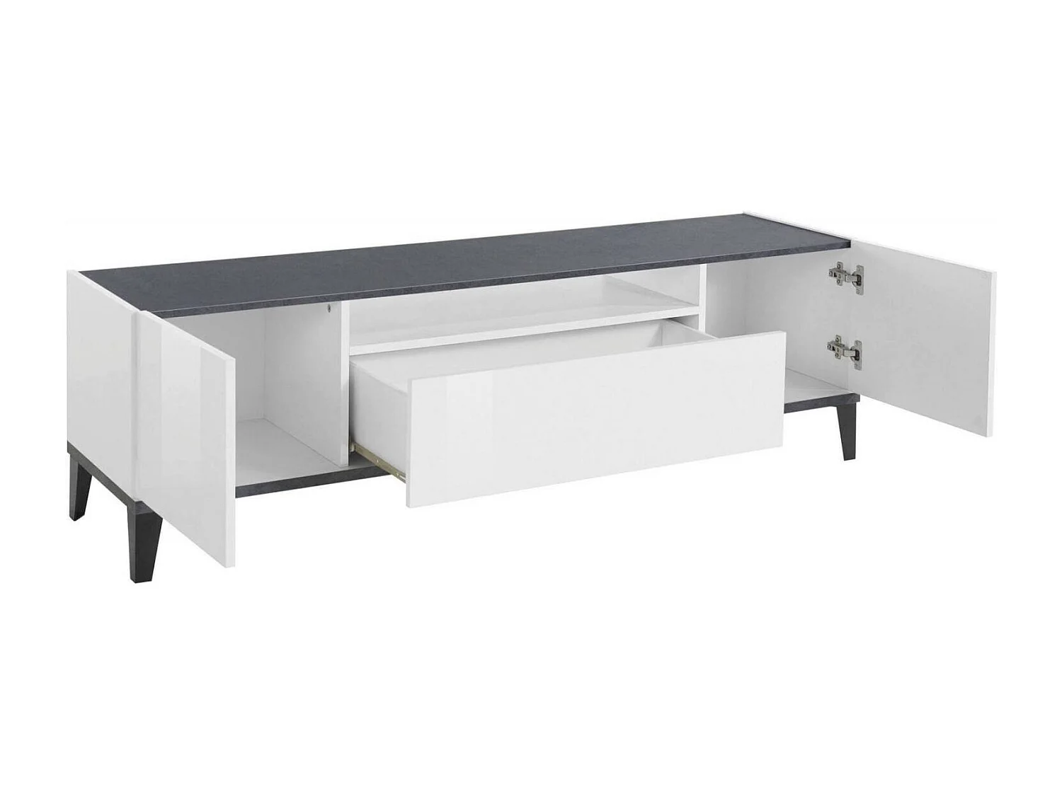 Meuble TV Dfigol, Buffet bas de salon avec 2 portes, Base pour meuble TV, 100% Made in Italy, 160x40h47 cm, Blanc brillant et ardoise