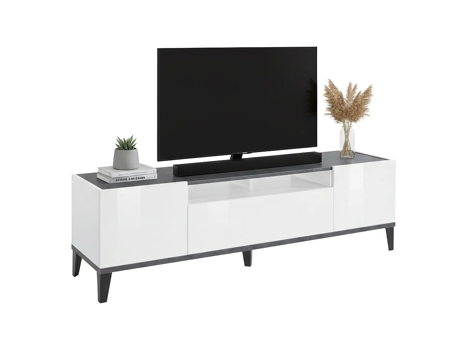 Meuble TV Dfigol, Buffet bas de salon avec 2 portes, Base pour meuble TV, 100% Made in Italy, 160x40h47 cm, Blanc brillant et ardoise