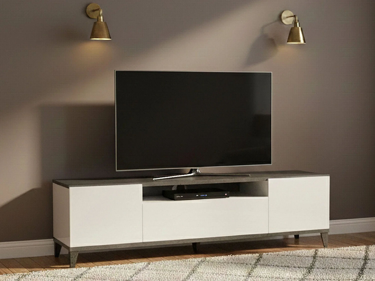 Meuble TV Dfigol, Buffet bas de salon avec 2 portes, Base pour meuble TV, 100% Made in Italy, 160x40h47 cm, Blanc brillant et ardoise