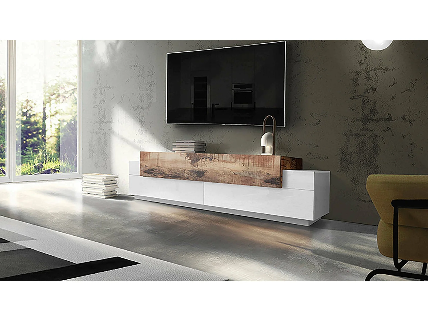 Meuble TV Dmirand, Buffet bas de salon, Base pour meuble TV, 100% Made in Italy, 200x45h52 cm, Blanc brillant et érable