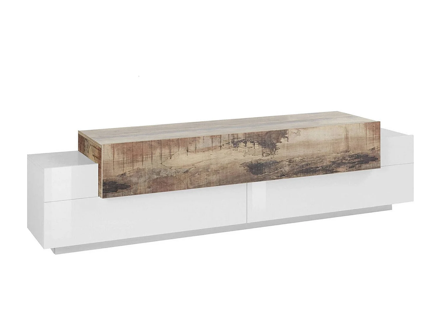 Meuble TV Dmirand, Buffet bas de salon, Base pour meuble TV, 100% Made in Italy, 200x45h52 cm, Blanc brillant et érable