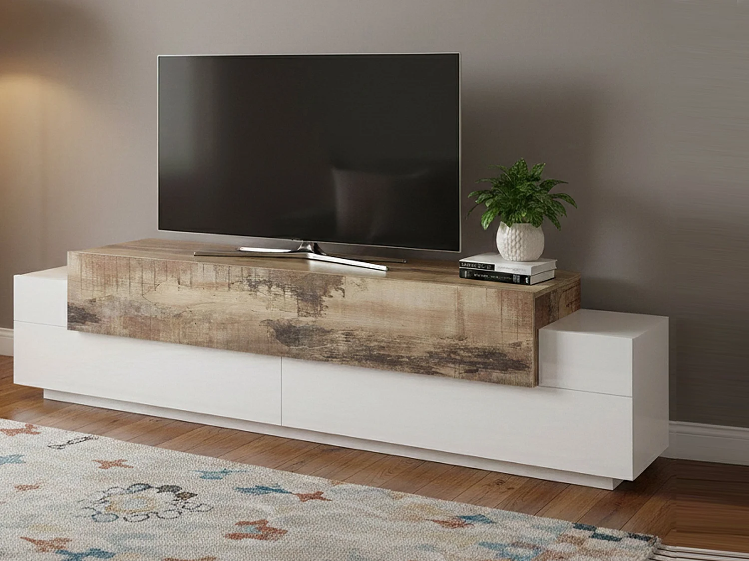 Dmirand TV-meubel, Laag woonkamerdressoir, TV-meubelbasis, 100% Made in Italy, 200x45h52 cm, Glanzend wit en esdoorn