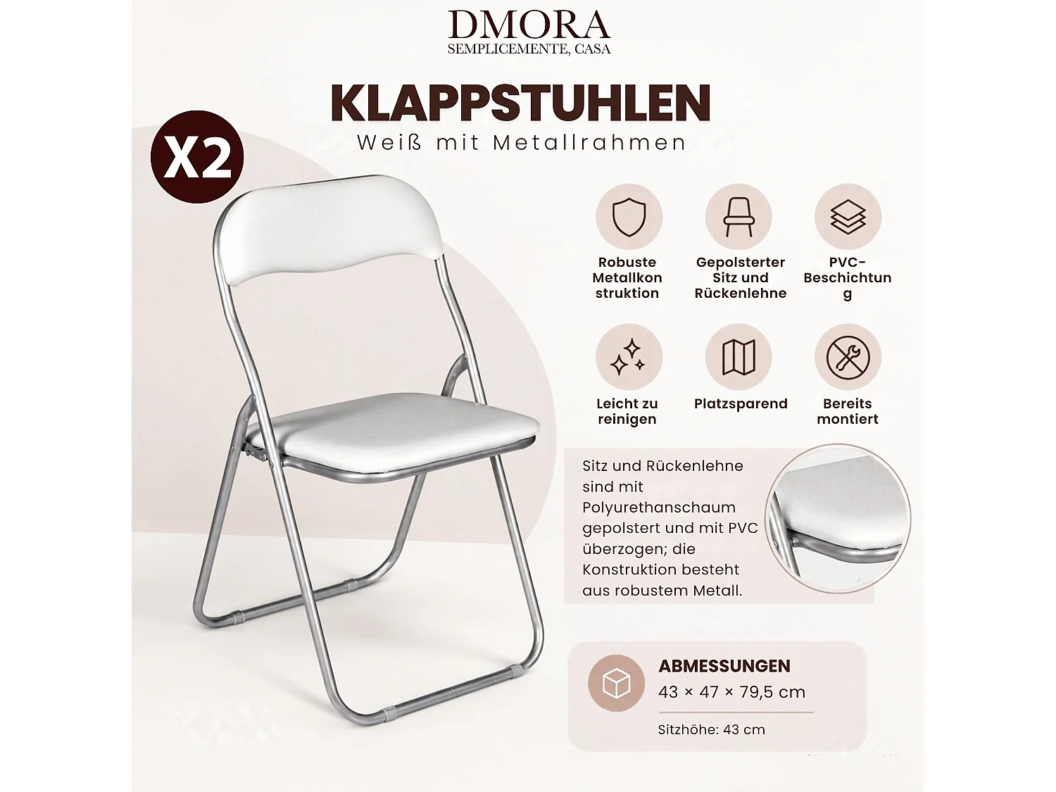 Lot de 2 chaises pliantes Dgraf, Fauteuil gain de place, Chaise invité, Siège de réunion en simili cuir, 43x47h80 cm, Blanc