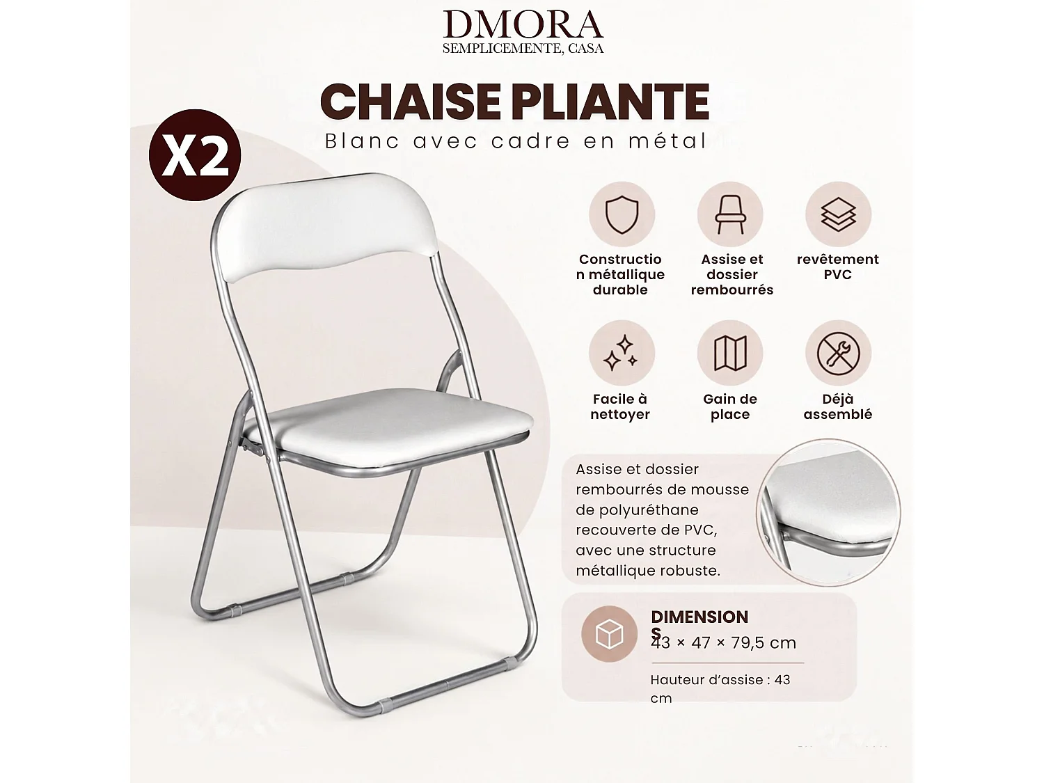 Lot de 2 chaises pliantes Dgraf, Fauteuil gain de place, Chaise invité, Siège de réunion en simili cuir, 43x47h80 cm, Blanc