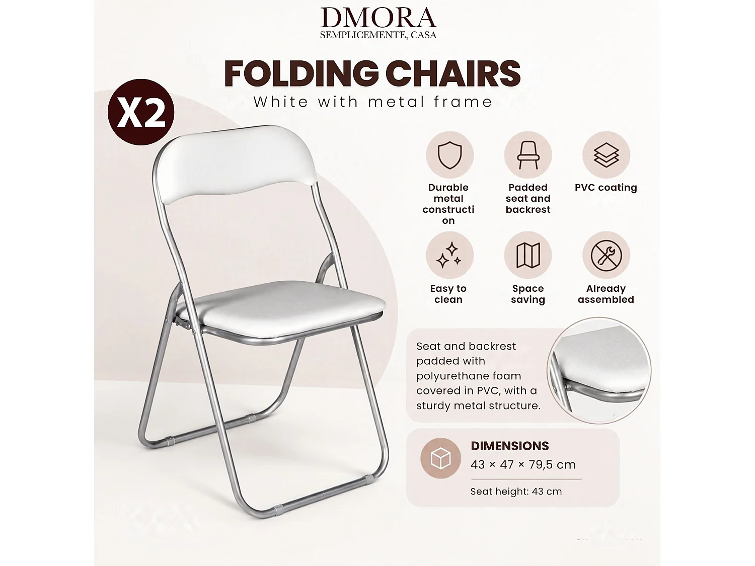 Lot de 2 chaises pliantes Dgraf, Fauteuil gain de place, Chaise invité, Siège de réunion en simili cuir, 43x47h80 cm, Blanc