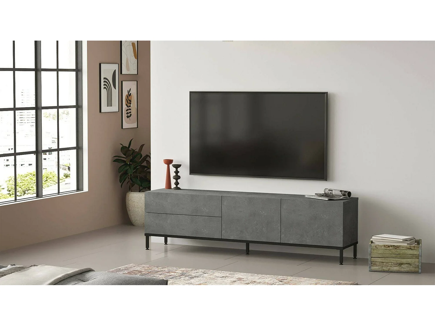 Armário de TV Djamanc, Aparador de sala, Armário de TV baixo, Base de parede equipada, 170x36h46 cm, Prata e Preto