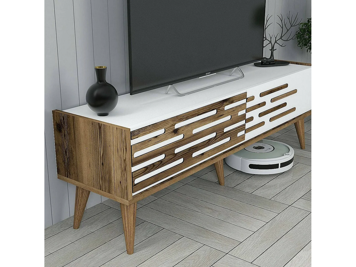Meuble TV Achernar, Buffet de salon, Armoire basse pour TV, Base murale de rangement, 140x45h35 cm, Noyer et Blanc