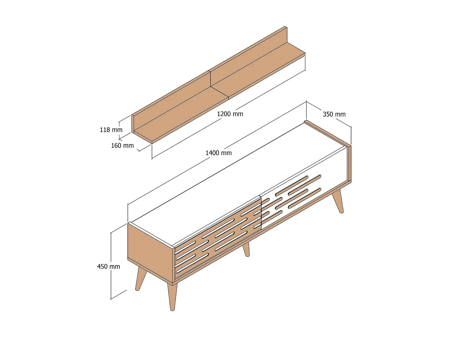 Meuble TV Achernar, Buffet de salon, Armoire basse pour TV, Base murale de rangement, 140x45h35 cm, Noyer et Blanc