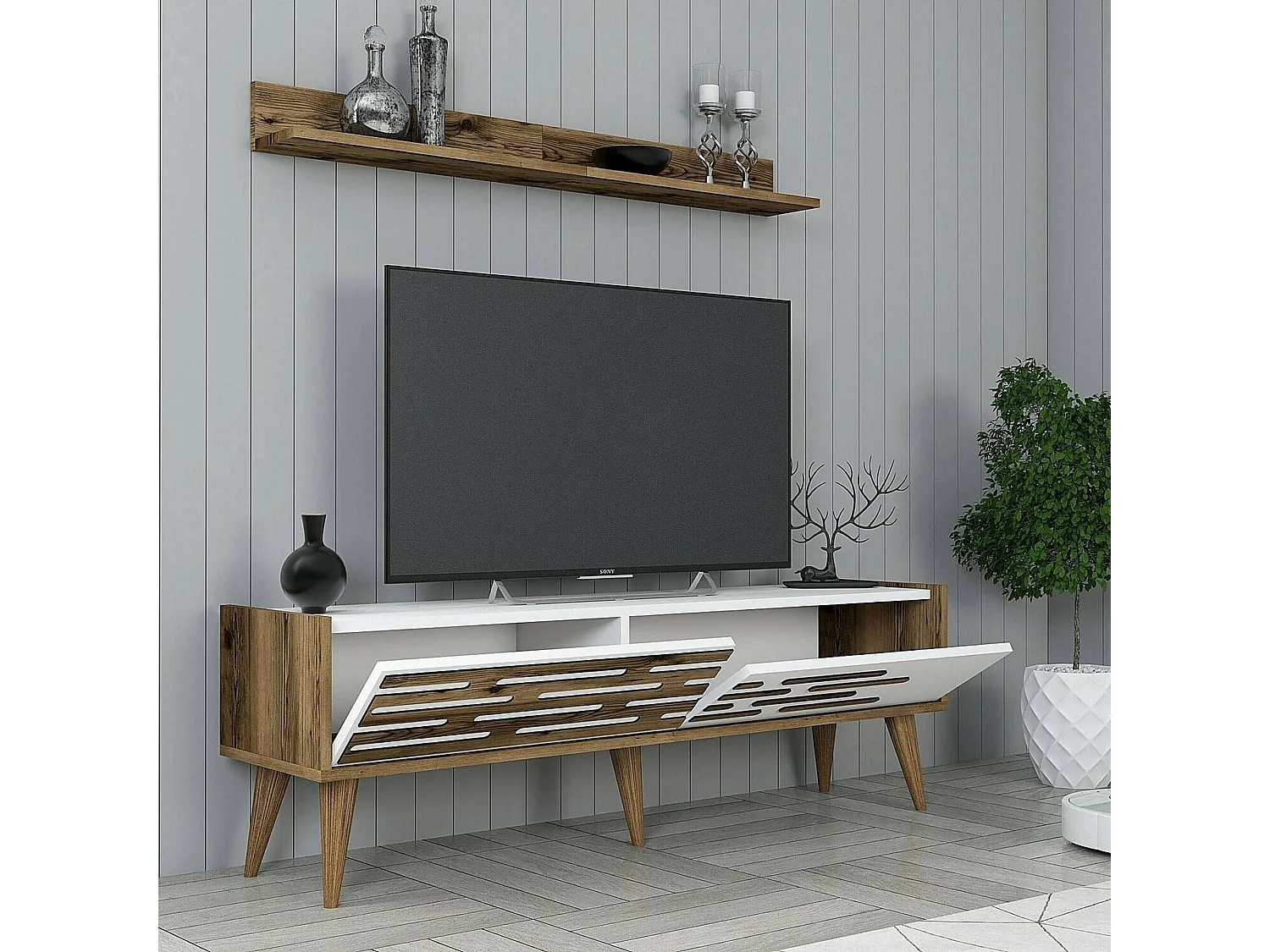 Meuble TV Achernar, Buffet de salon, Armoire basse pour TV, Base murale de rangement, 140x45h35 cm, Noyer et Blanc
