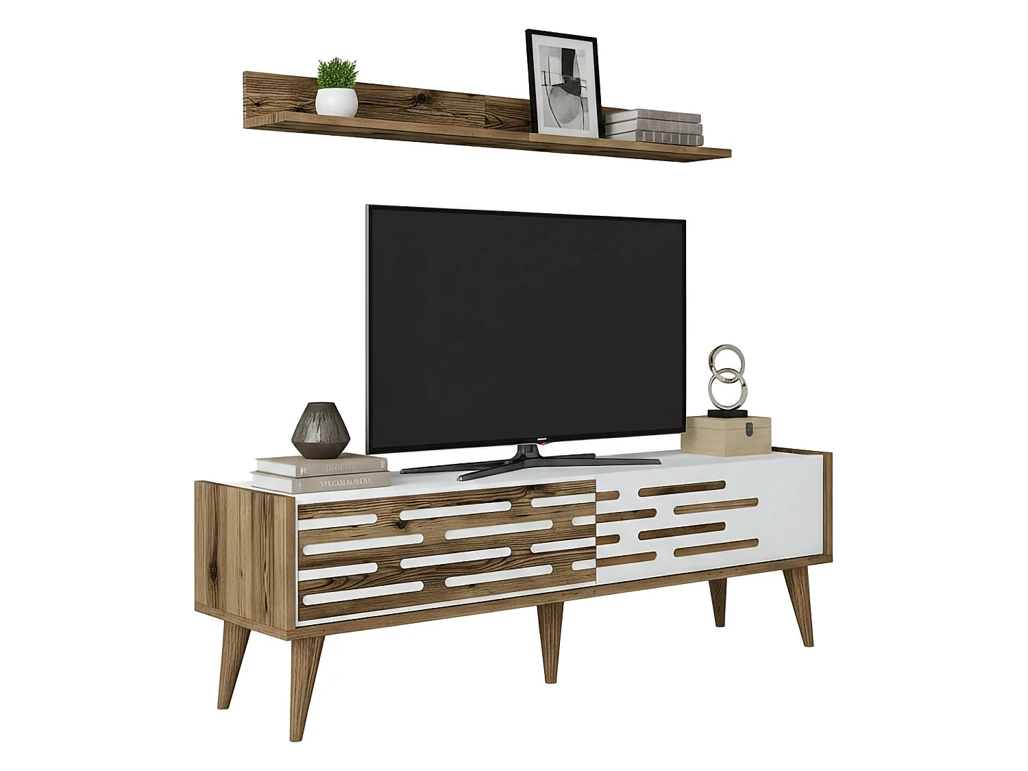 Meuble TV Achernar, Buffet de salon, Armoire basse pour TV, Base murale de rangement, 140x45h35 cm, Noyer et Blanc