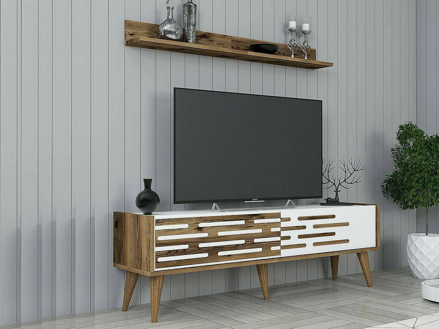 Meuble TV Achernar, Buffet de salon, Armoire basse pour TV, Base murale de rangement, 140x45h35 cm, Noyer et Blanc