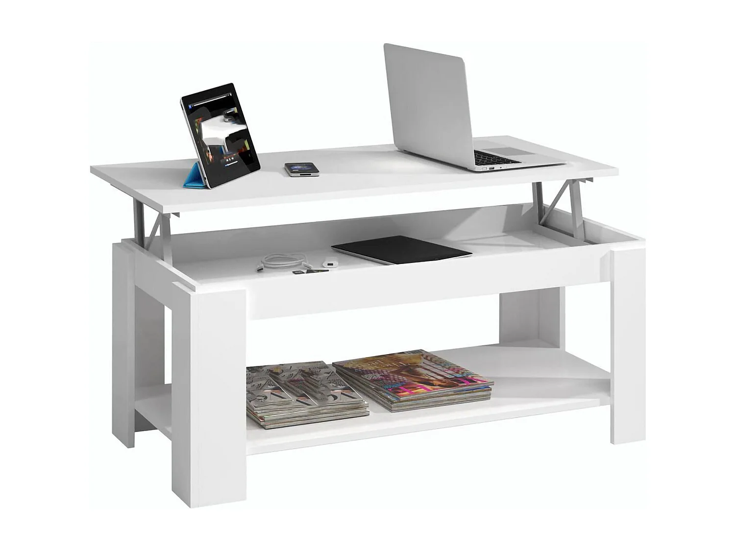 Dmora Tavolino da Salotto 43x102x50h cm Bianco Opaco un Vano Contenitore, Bordi in Melaminico, Piedini in abs, Piano Sollevabile