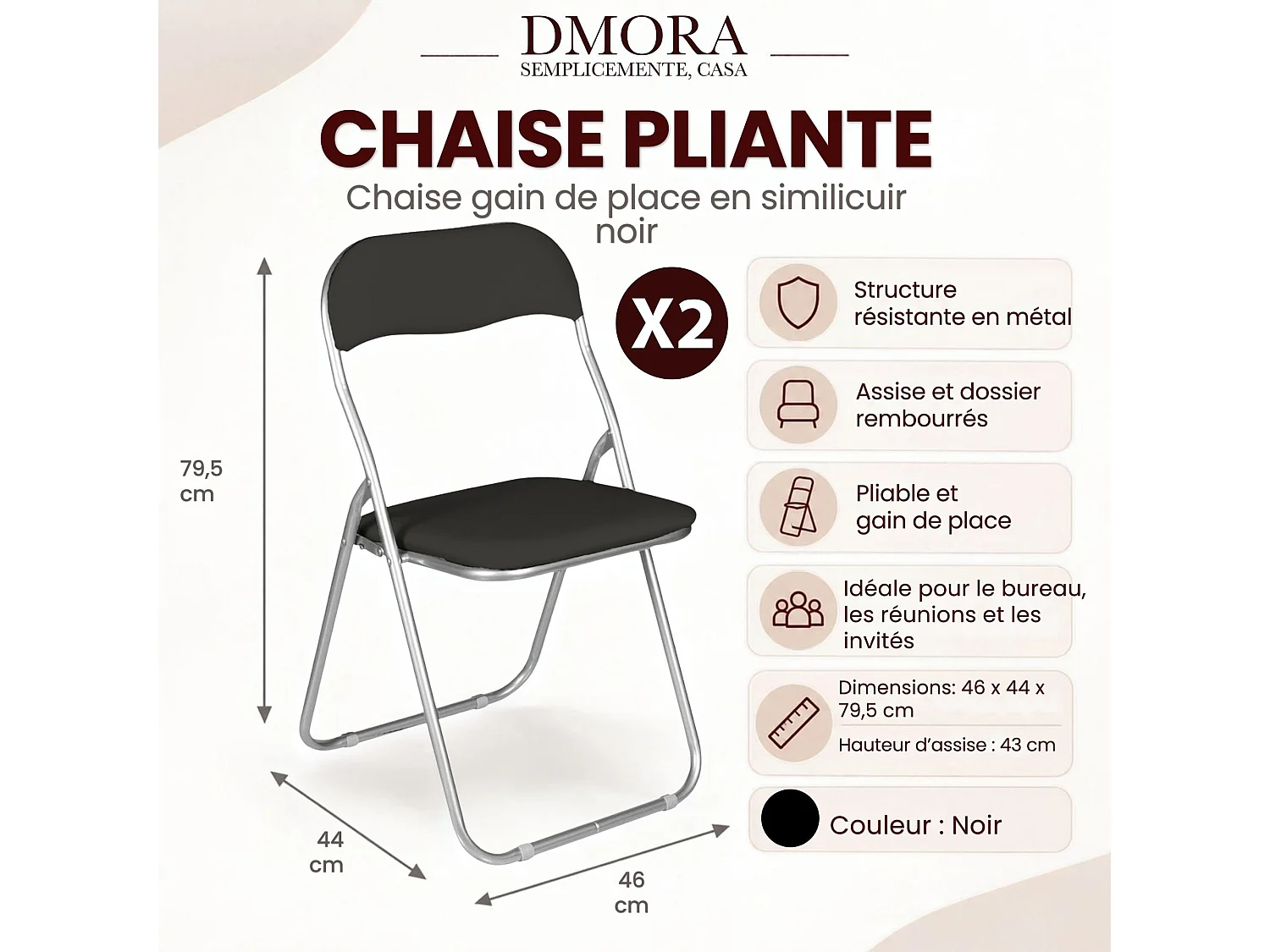 Lot de 2 chaises pliantes Dgraf, Fauteuil gain de place, Chaise invité, Siège de réunion en simili cuir, 43x47h80 cm, Noir