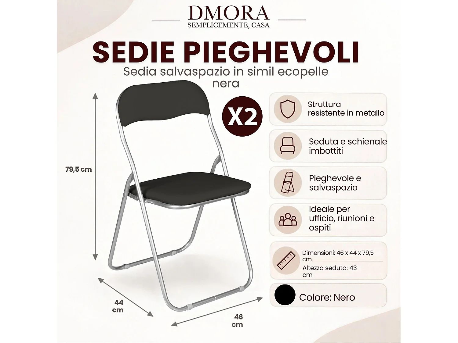 Lot de 2 chaises pliantes Dgraf, Fauteuil gain de place, Chaise invité, Siège de réunion en simili cuir, 43x47h80 cm, Noir