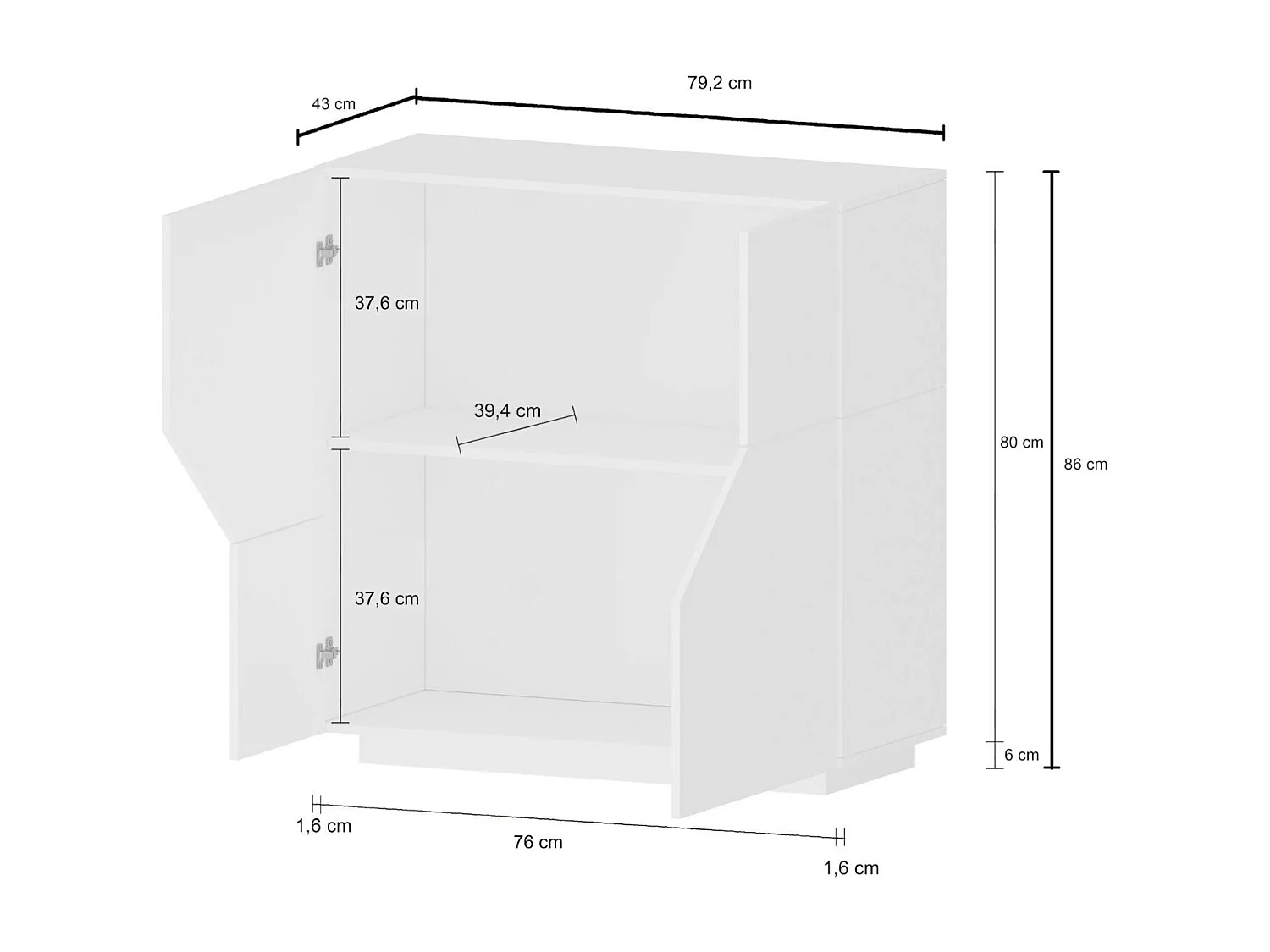 Dmora Dressoir Domenico 43x79,25x86h cm Glanzend Wit, 1 Plank, 2 Deuren, 2 Vakjes, Gemaakt in Italië
