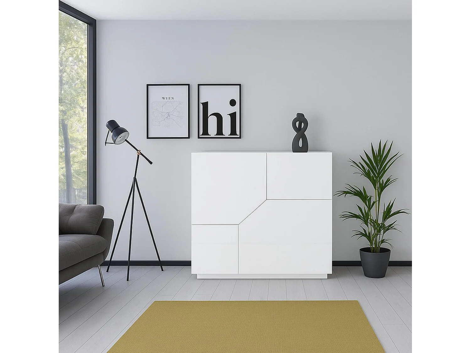 Aparador Domenico, Aparador de cocina con 2 puertas geométricas, Buffet de salón, Aparador de cocina, 100% Made in Italy, 79x43h86 cm, Blanco brillante