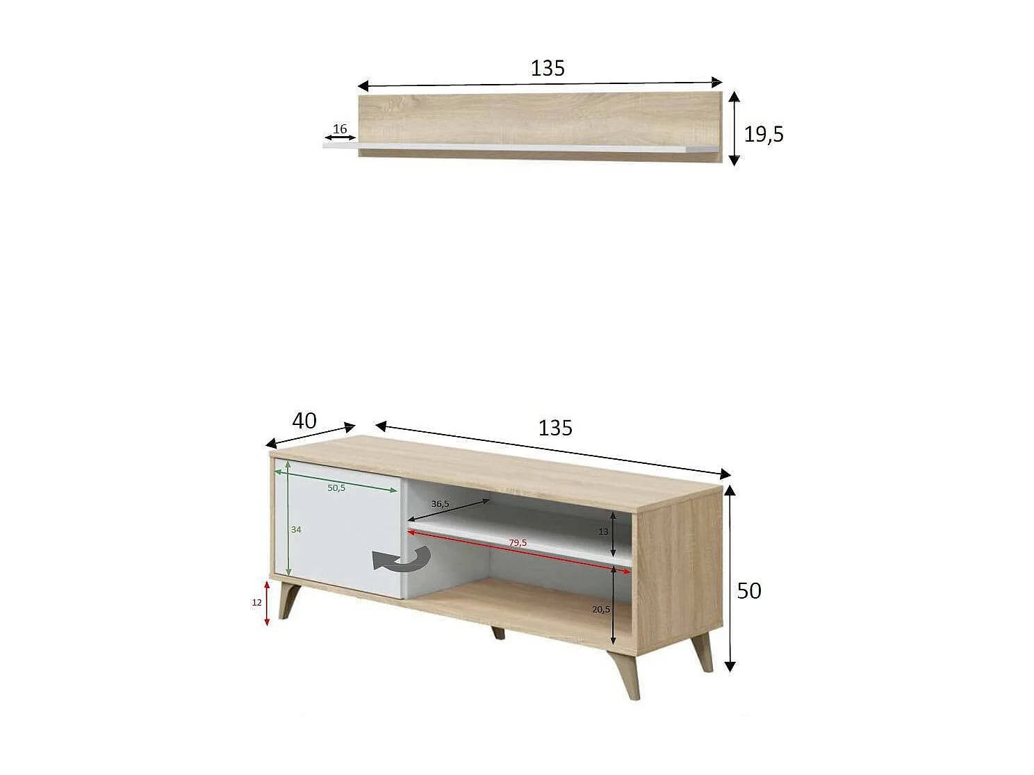 Meuble TV Mesa, Buffet pour télévision de salon avec 1 porte, Meuble TV de salon, Buffet design, 135x40h50 cm, Chêne