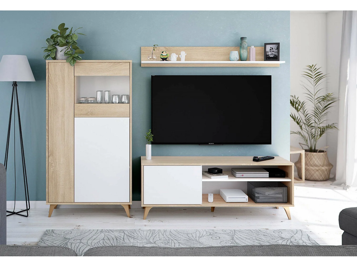 Meuble TV Mesa, Buffet pour télévision de salon avec 1 porte, Meuble TV de salon, Buffet design, 135x40h50 cm, Chêne