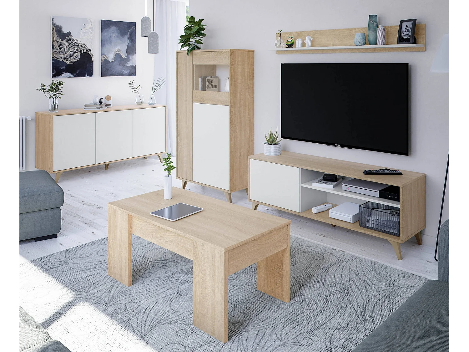 Meuble TV Mesa, Buffet pour télévision de salon avec 1 porte, Meuble TV de salon, Buffet design, 135x40h50 cm, Chêne