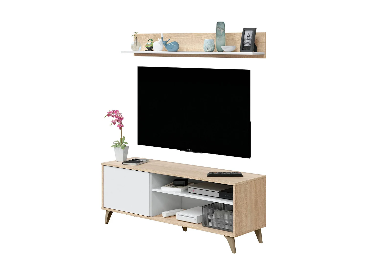 Meuble TV Mesa, Buffet pour télévision de salon avec 1 porte, Meuble TV de salon, Buffet design, 135x40h50 cm, Chêne